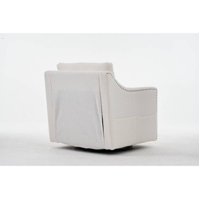 360° Swivel Accent Chair with 1 Back Pillow, Teddy Upholstered Reading Chair with Rivet Trim, Single Sofa Chair for Living Room
