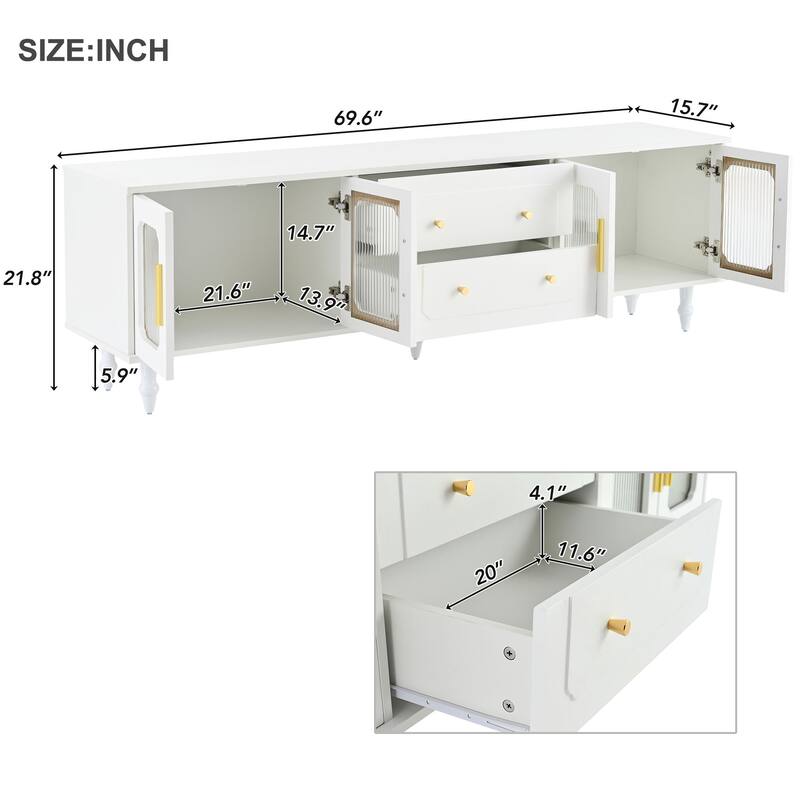 70" Retro TV Console with Fluted Glass Doors, Drawers & Cabinets - Stylish Media Center for Living Room