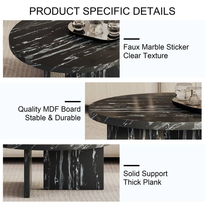 Black MDF material circular coffee table with texture, 31.4 inch black middle table, modern tea table