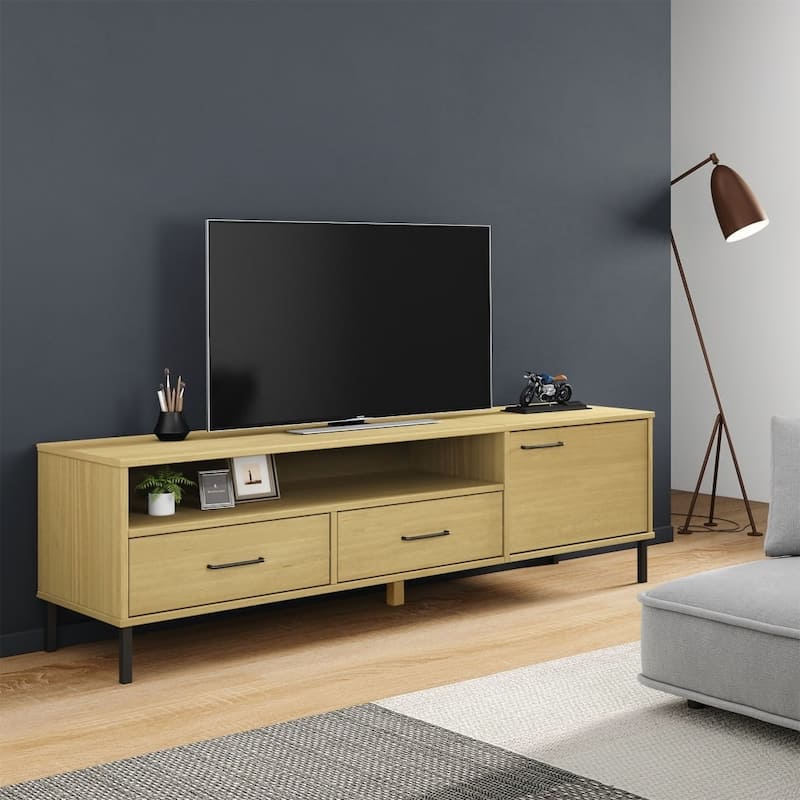 vidaXL TV Stand TV Console TV Console with Metal Legs Solid Wood Pine OSLO - 62.2" x 15.7" x 18.3" - Brown