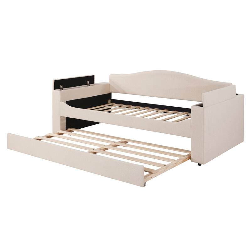 Teddy Fleece Daybed Leisure Upholstered Daybed Frame with Storage Armrest and Integrated Bluetooth Audio System and Trundle