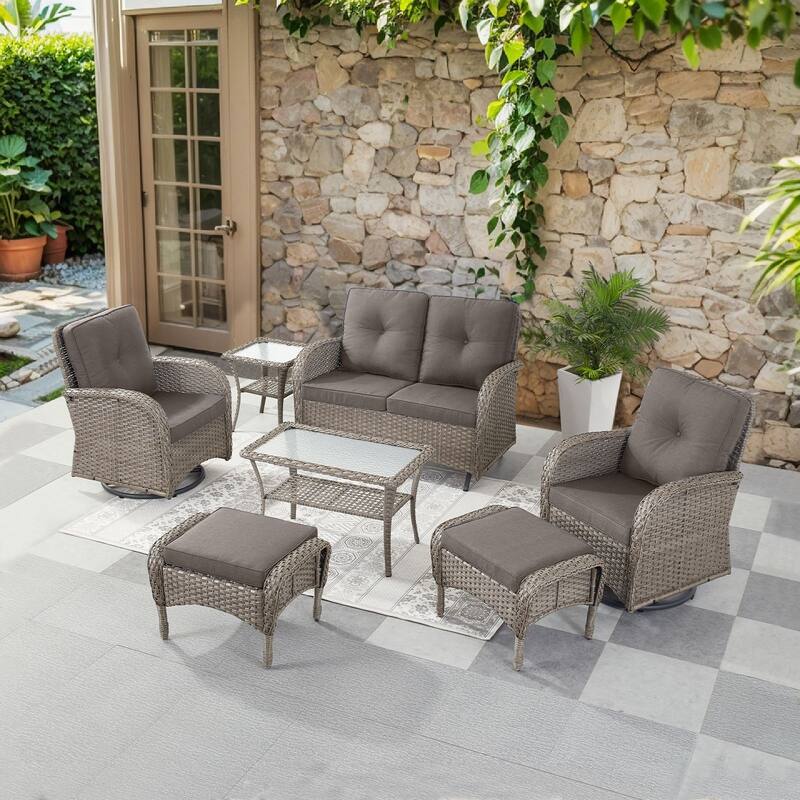 Pocassy 7 Pieces Glider Sofa with Swivel Chairs Ottomans Table - Gray Wicker - Gray cushion