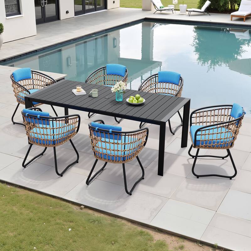 Outdoor Patio Dining Set Aluminum Table with Umbrella Hole with Rattan Chairs