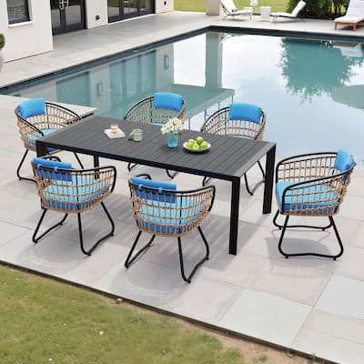 Outdoor Patio Dining Set Aluminum Table with Umbrella Hole with Rattan Chairs