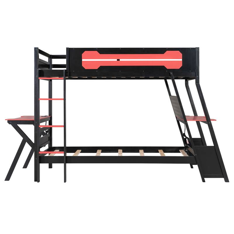 Gaming Bunk Bed Two Built-In Gaming Desks Each Side Loft Bed with USB Desktop Ports and Pegboard Organizer for Gaming Room Gamer