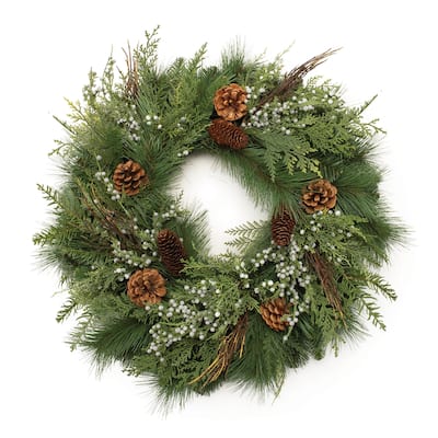 Rustic Woodland Holiday Wreath 30” Natural Green & Brown Christmas Decor with Pinecones