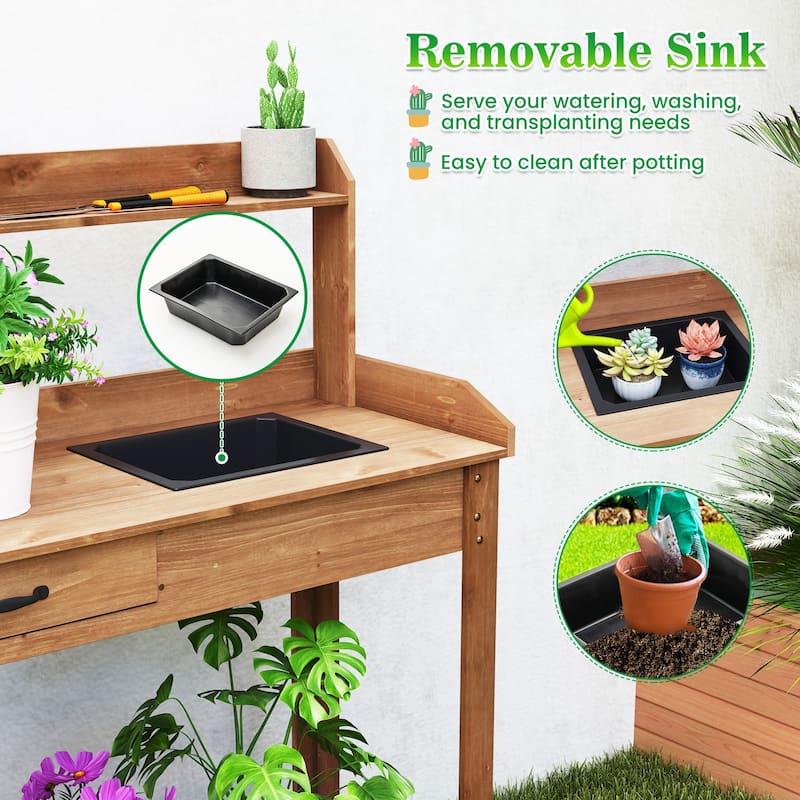 Gymax Potting Bench Outdoor Wooden Garden Table Work Station Solid
