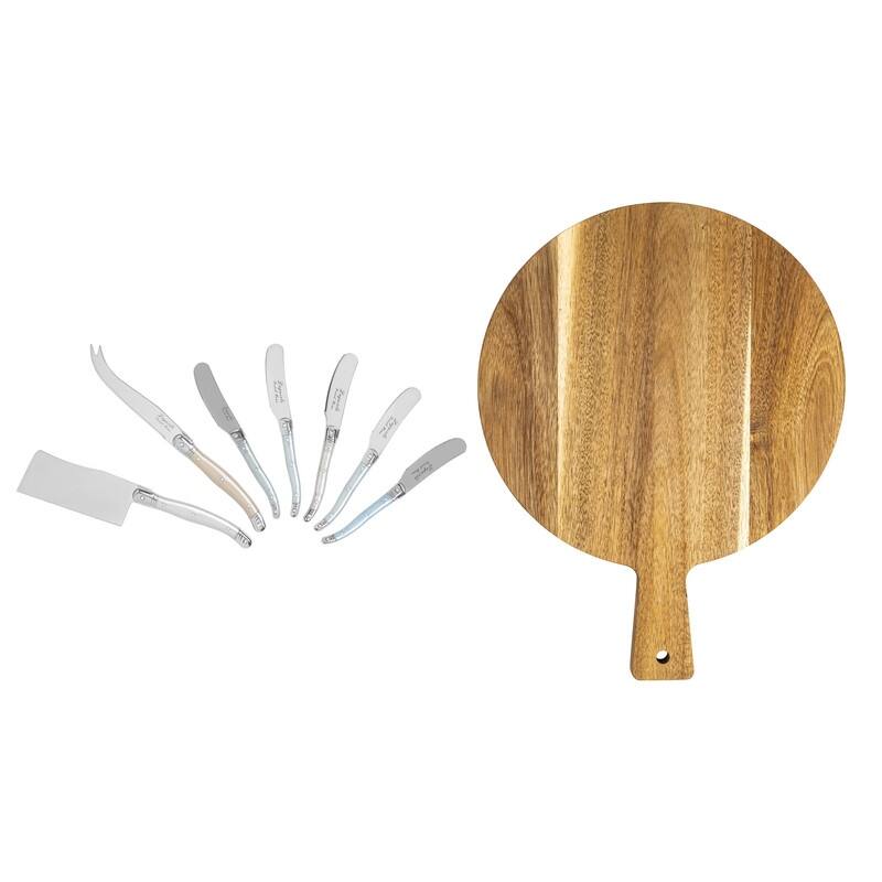 French Home Laguiole Cheese Knife and Spreader Set with Mother of Pearl Handles and Wood Board