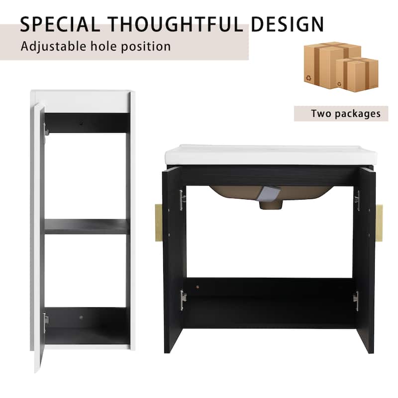 24" Wall-Mounted Bathroom Vanity With Ceramic Sink and Side Cabinet, Soft Close Doors, Combination Cabinet