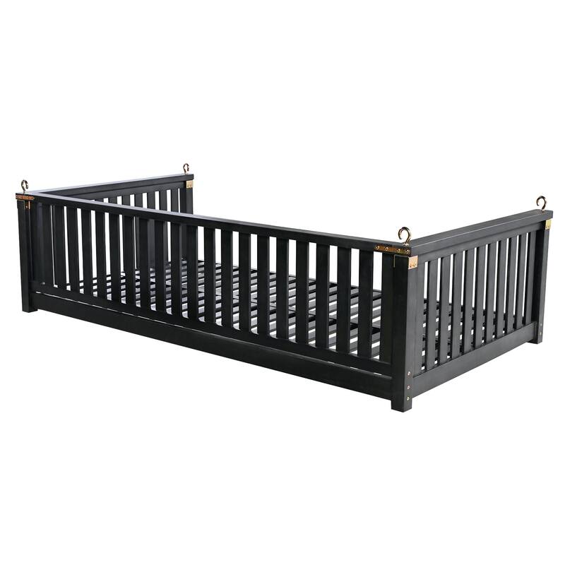 Acacia Wood Twin-Size Porch Swings Bed with 350lb Capacity, Includes Hemp Ropes and Sloped Safety Design