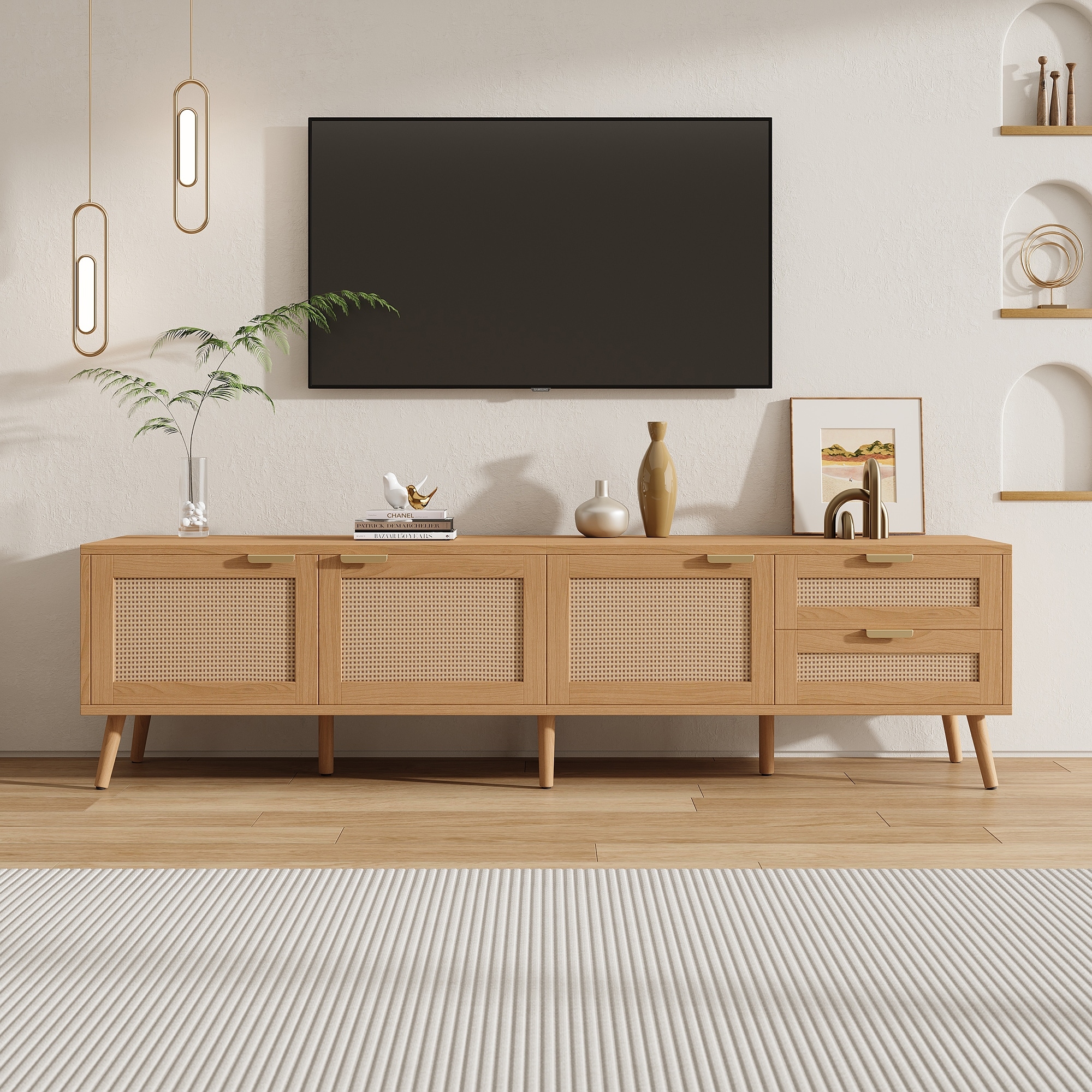 70inch Modern TV Stand with Rattan Doors for TVs up to 80", Media Console with Storage Space, 2 Drawers & Cable Holes
