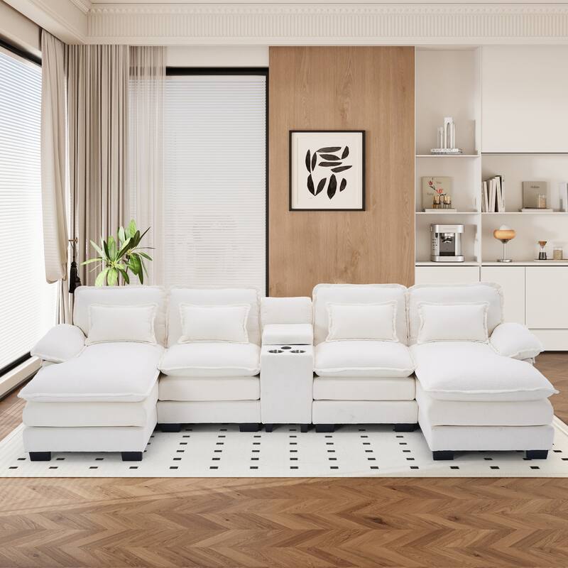 U-shaped Sectional Sofa Chenille Fabric Doudle Layer Cushion with USB Central Console