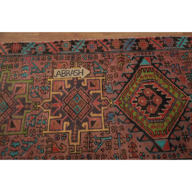 Hand Knotted Oriental 100% Wool Carpet Traditional Geometric Pink Heriz Runner Rug - 9' 5'' X 3' 0''