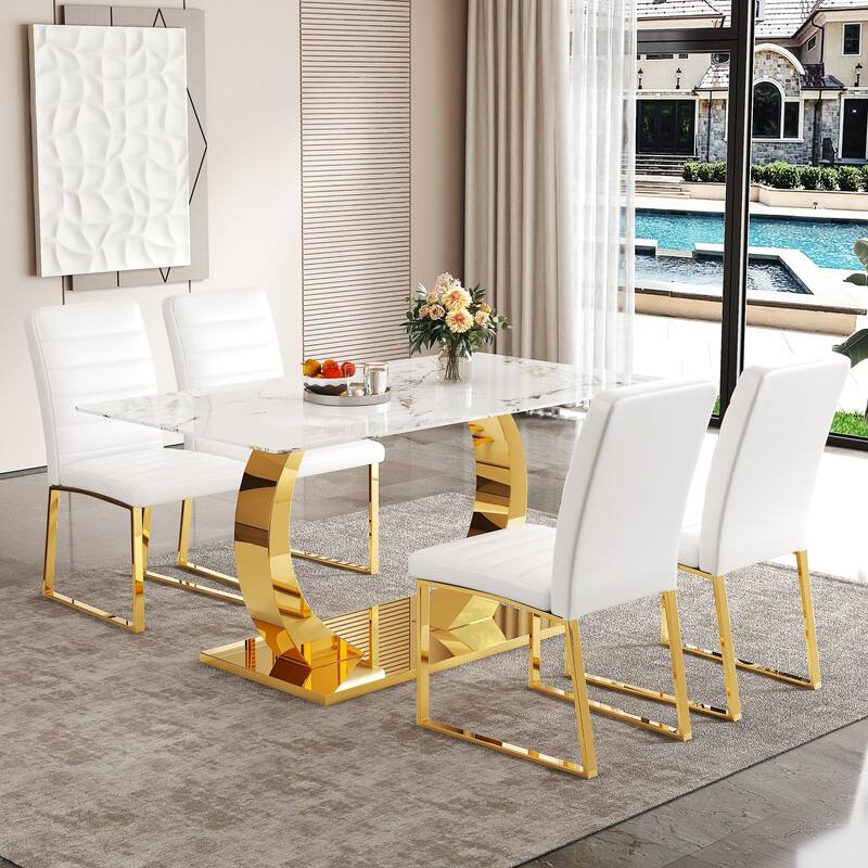 5-Piece Marble Pattern Tempered Glass Dining Set, 63-Inch Table with 4 Minimalist Chairs, Modern Style