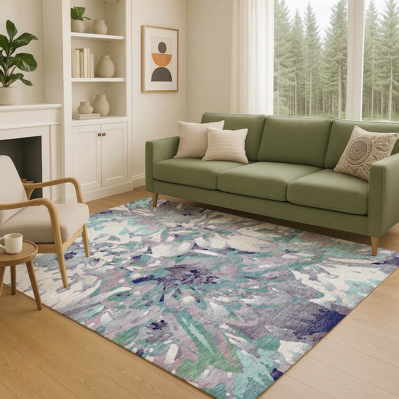 Machine Washable Indoor/ Outdoor Abstract Floral Chantille Rug