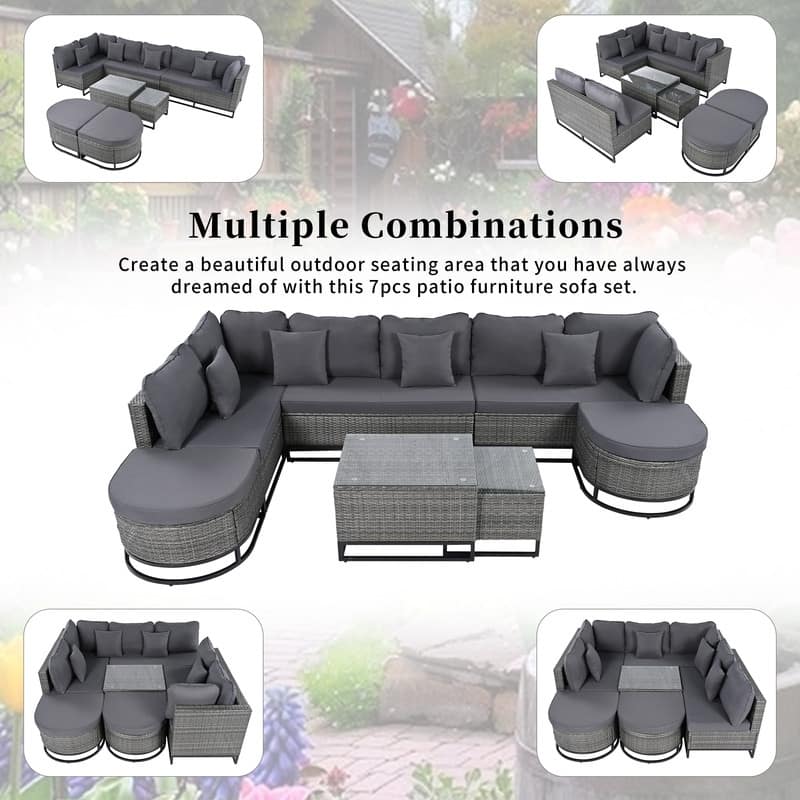 7-Piece Outdoor Wicker Sofa Set – Modular Rattan Sectional with 2 Coffee Tables & Cushions. Perfect for Patio, Garden, or Deck.