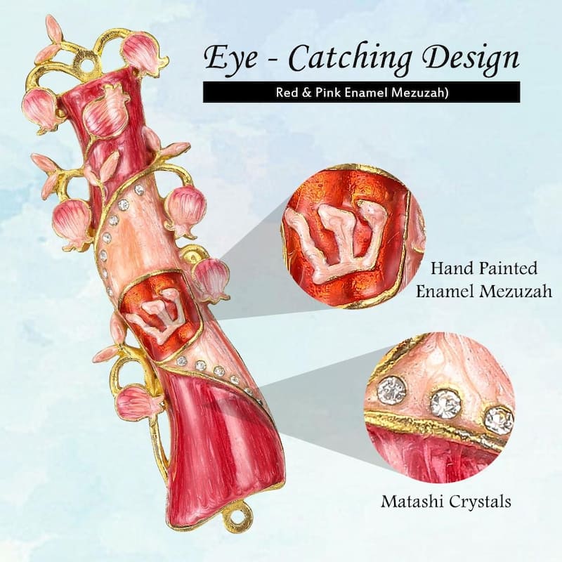 Matashi Hand Painted Red & Pink Enamel Mezuzah Embellished with a Pomegranate Floral Design with Gold Accents Quality Crystals