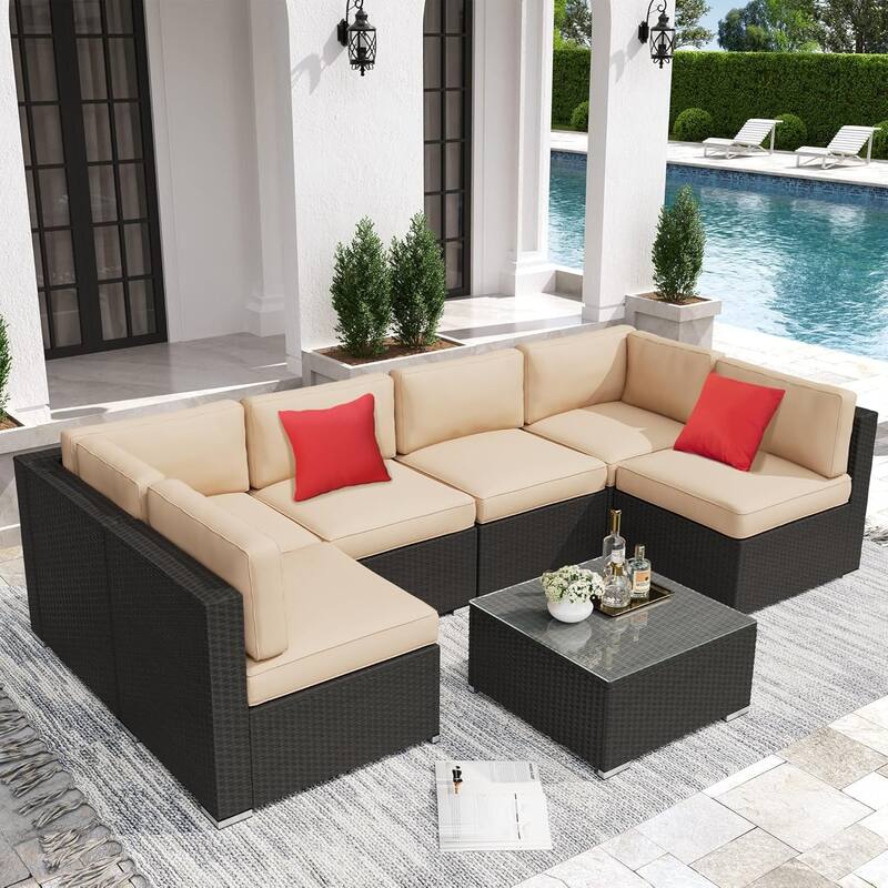 7 Piece Outdoor Patio Furniture Set Grey/Black Wicker Conversation Sectional Sofa Set with Coffee Table and Cushions - Black/Beige