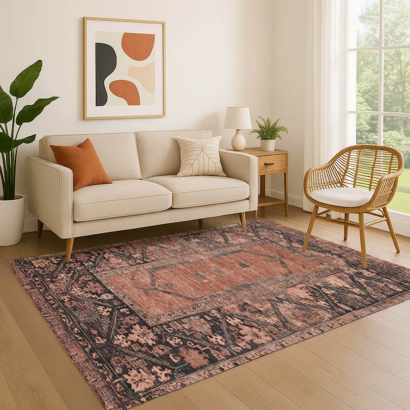 Premium Washable Super Soft Traditional Global Mayfield Rug - Terracotta - 5' x 7'6"