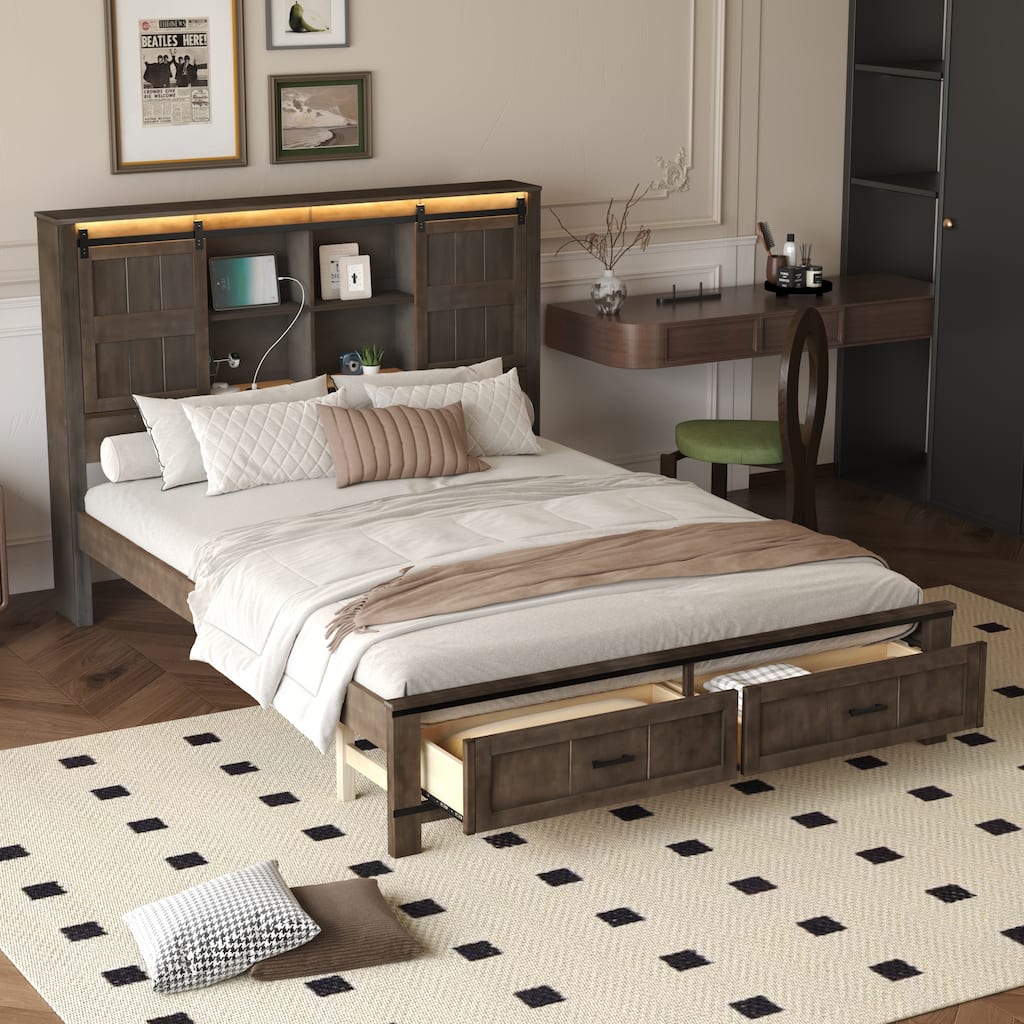 Wooden LED Platform Bed with Barn Door Design Storage Headboard, USB and 2 Drawers, Queen Size Storage Bed Frame for Bedroom