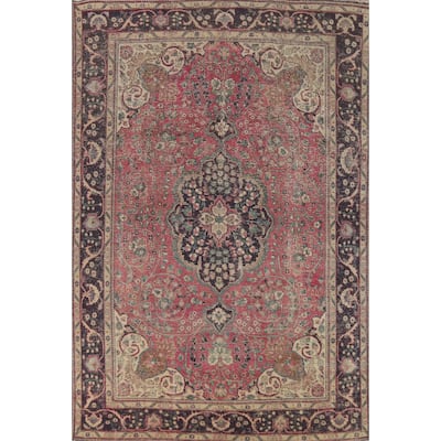 Pink Fuchsia Floral Mashad Persian Vintage Rug Handmade Wool Carpet - 8'5"x 11'6"