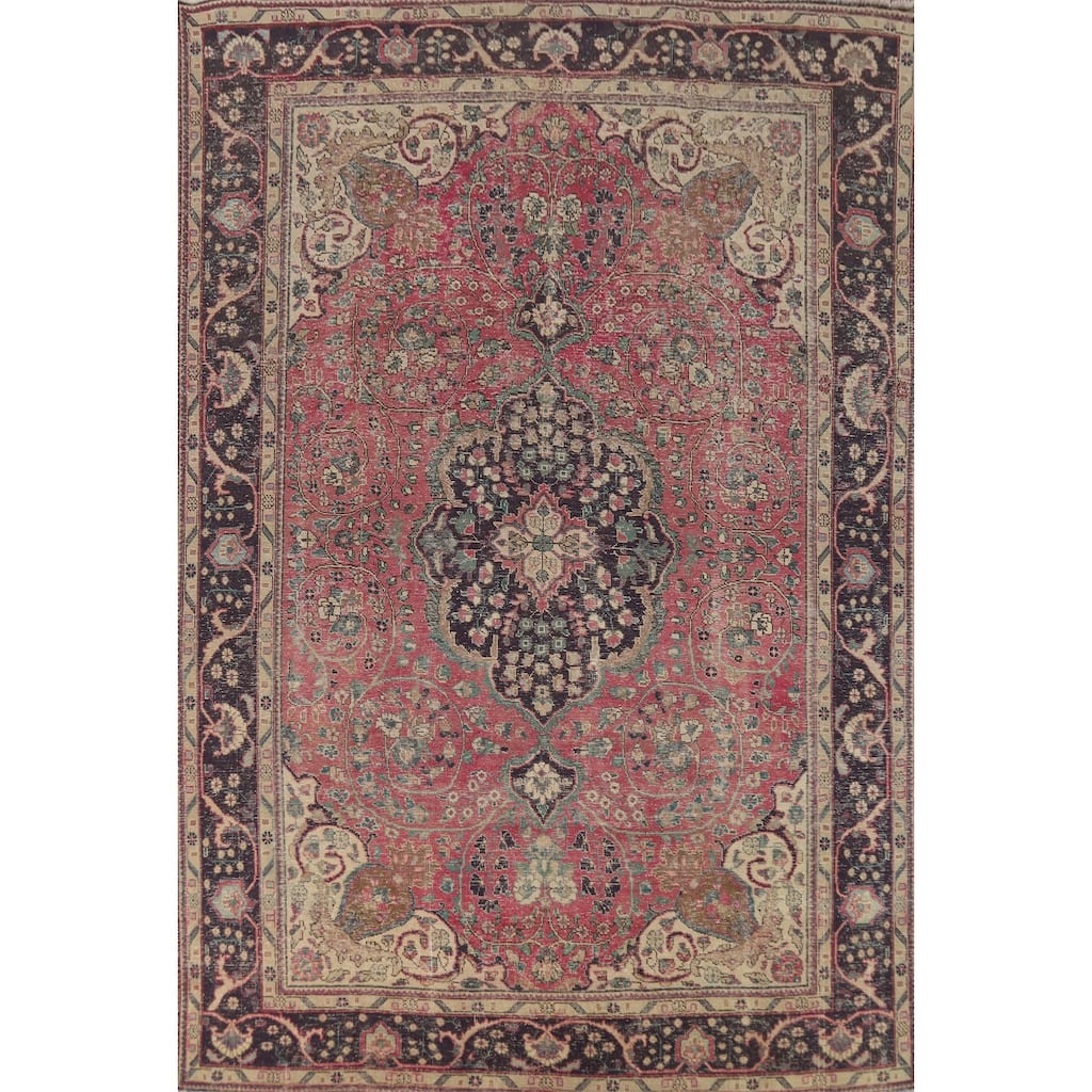 Pink Fuchsia Floral Mashad Persian Vintage Rug Handmade Wool Carpet - 8'5"x 11'6"