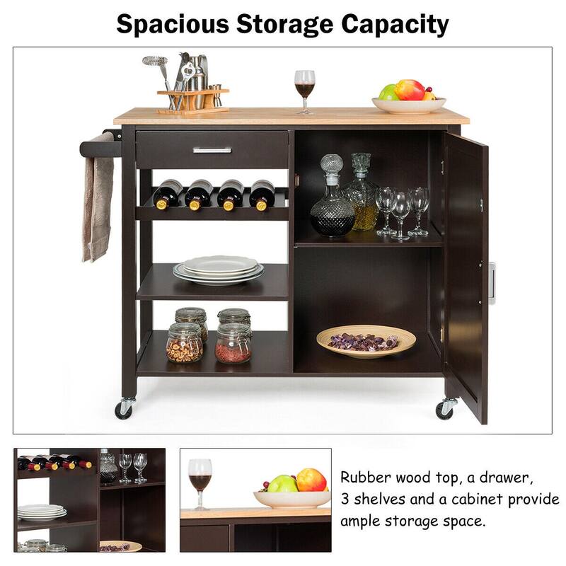 Gymax 4-Tier Wood Kitchen Island Trolley Cart Storage Cabinet w/ Wine