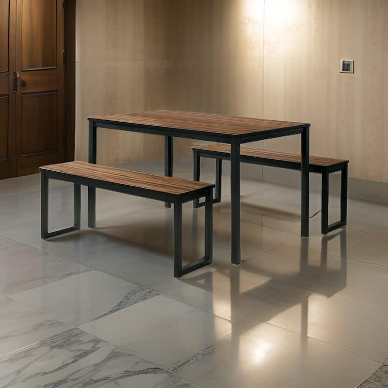 3 Piece Dining Table Set, 2 Benches, Brown Wood Grain Top, Black Metal