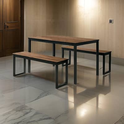 3 Piece Dining Table Set, 2 Benches, Brown Wood Grain Top, Black Metal