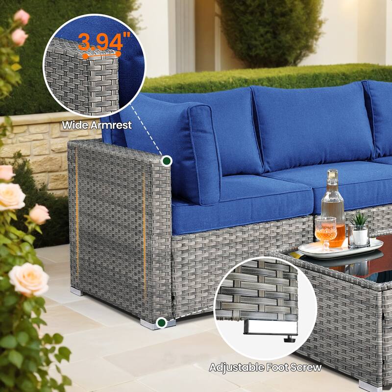 HOOOWOOO 8-piece Grey Wicker Patio Furniture Set Sectional Sofa with Fire Pit Table