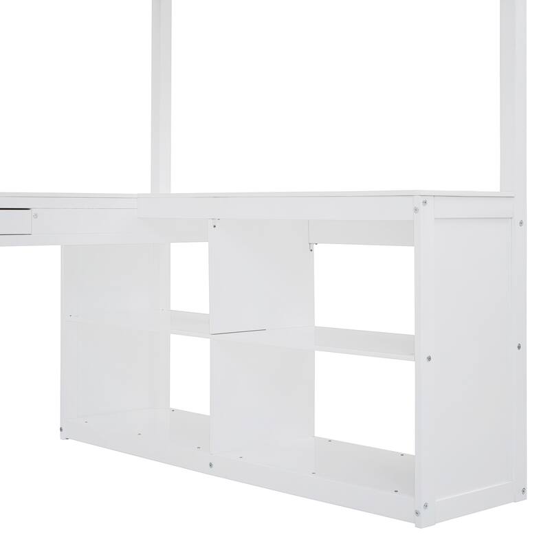 White Full Wooden Loft Bed with U-shaped Desk and Storage Compartments