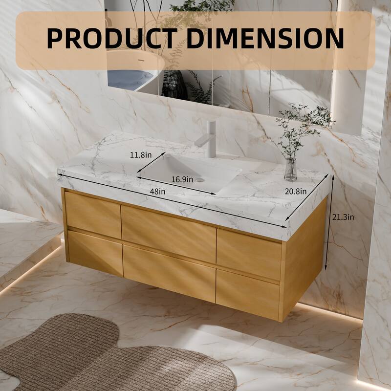 Modland 48" Wall-Mount Bathroom Vanity with 6 Soft-Close Drawers, LED Lighting & Marble Top - 48 inch
