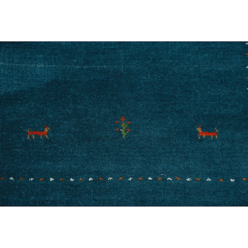 Hand Knotted Oriental 100% Wool Carpet Tribal Animal Pictorial Navy Blue & Blues Gabbeh Runner Rug - 9' 10'' X 2' 7''