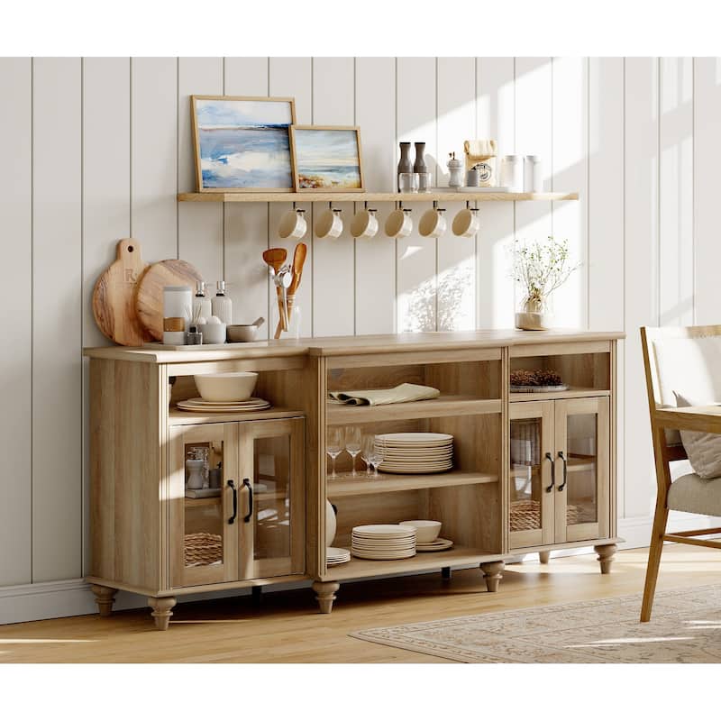 Buffet Cabinet with Glass Doors, Oak Kitchen Cabinet with Storages