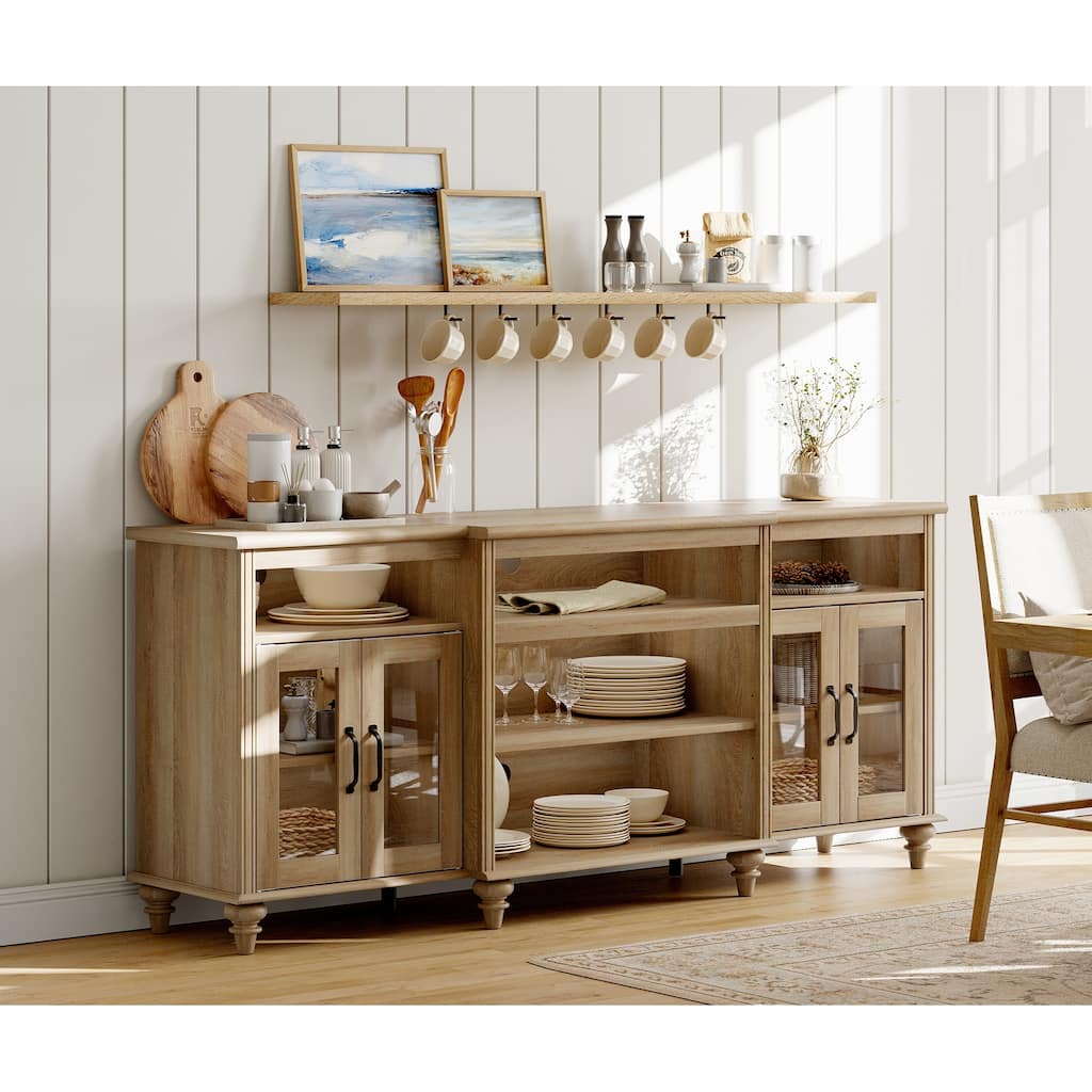 Buffet Cabinet with Glass Doors, Oak Kitchen Cabinet with Storages