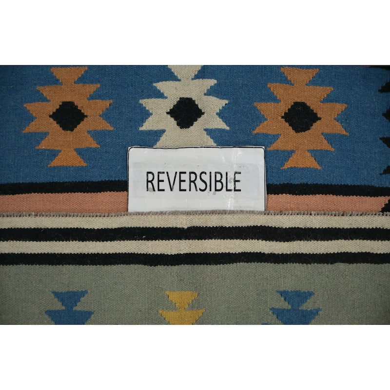 Hand Woven Oriental 100% Wool Carpet Southwestern Tribal Navy Blue & Blues Kilim Area Rug - 9' 11'' X 5' 3''