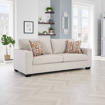Avie Sofa, 2 Accent Pillows, 85 Inch, Soft White Ivory Polyester