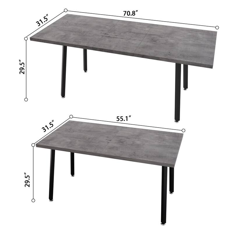 Grey MDF Modern Expandable Dining Table with Black Metal Legs - 55.1'' x 31.5” x 29.5''