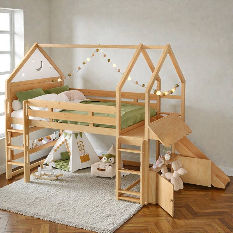 Full Size Kids Loft Bed with Bookshelf and Slide, House-Shaped Play Bed with Stairs, Safety Guardrails - Natural - Full