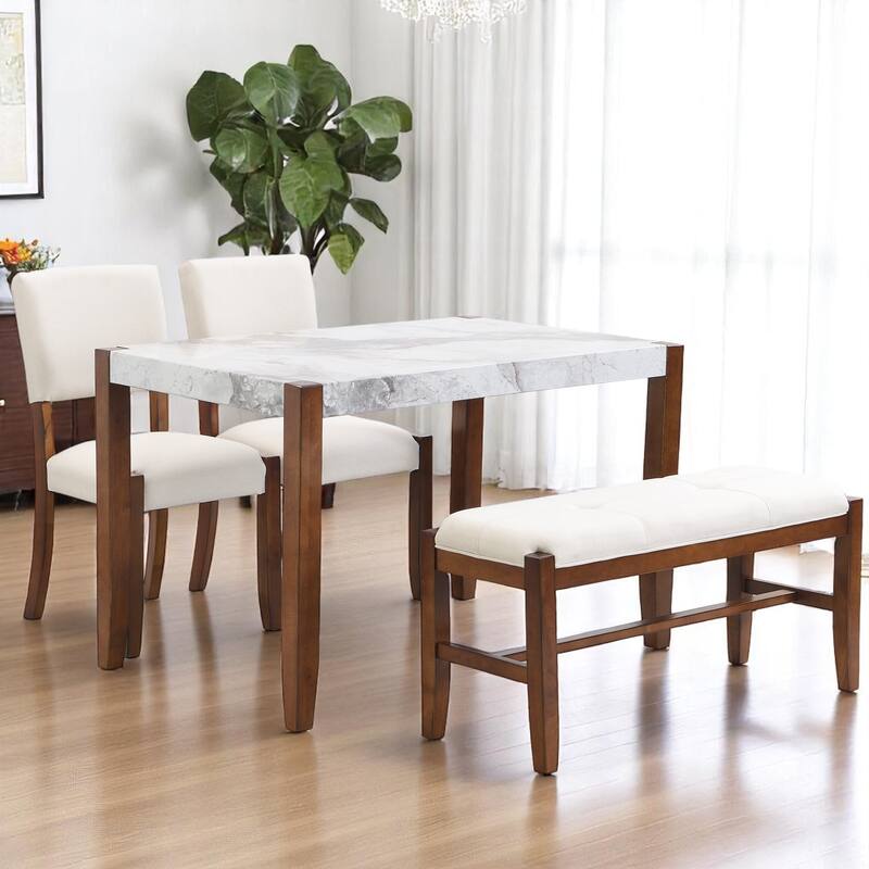 4-Piece Dining Table Set with Faux Marble 46" Table, 2 Upholstered Chairs and Bench for Dining Room or Kitchen