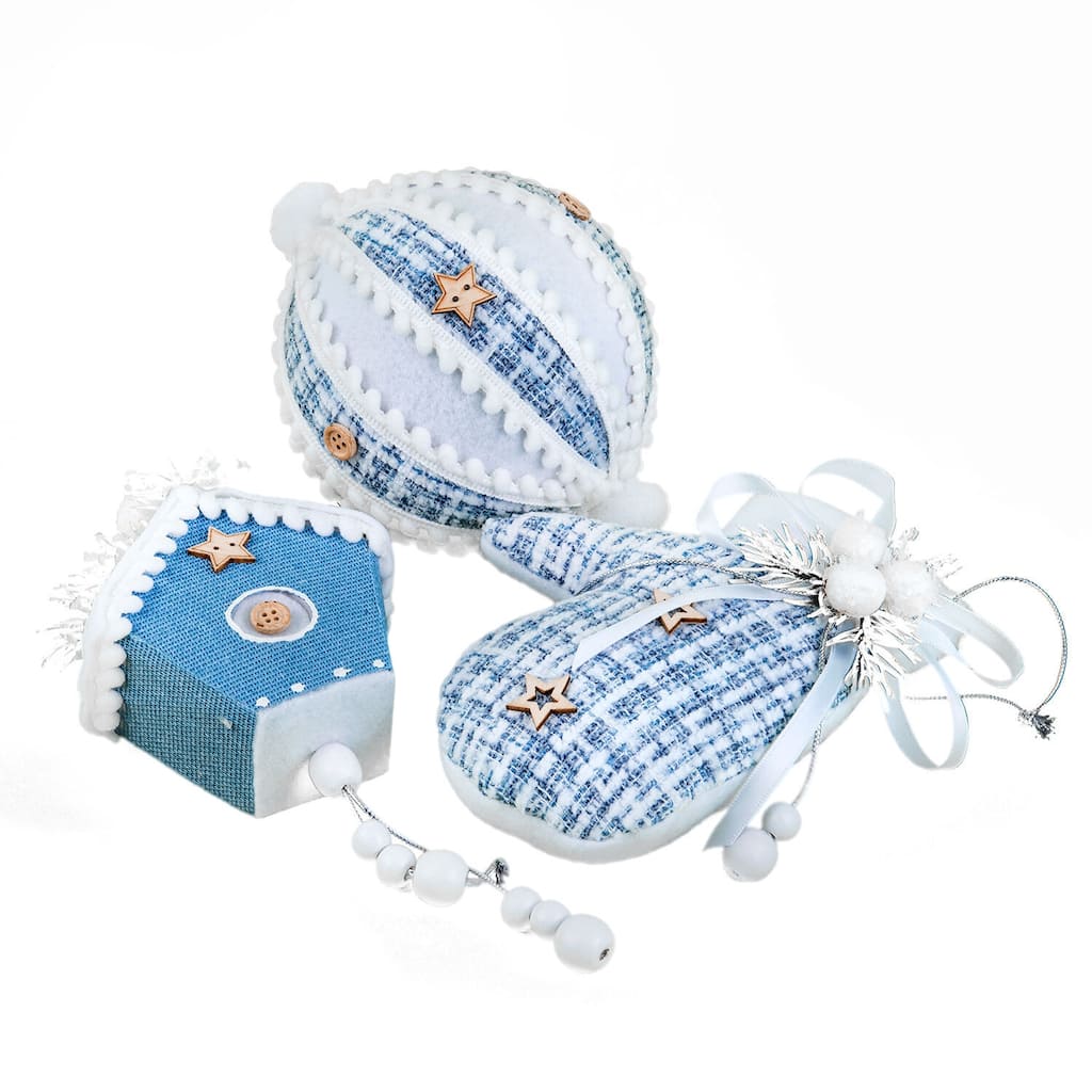 STP Goods Blue & White Christmas Tree Fabric Hanging Ornaments Set of 3 - N/A