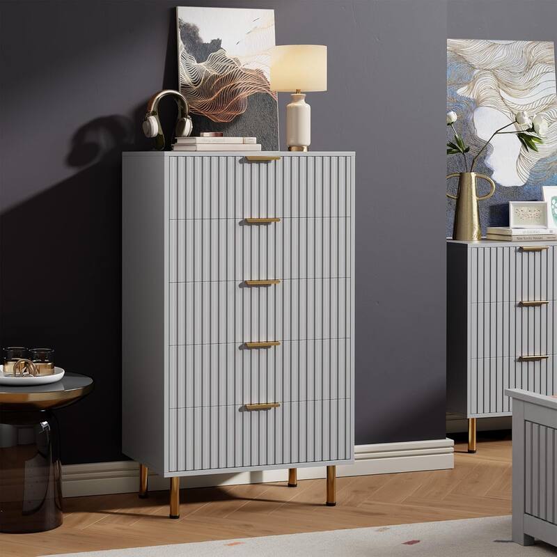 Fluted 5 Drawer Storage Dresser, Tall Chest with Deep Drawers and Wide Top, Wooden Organizer for Living Room