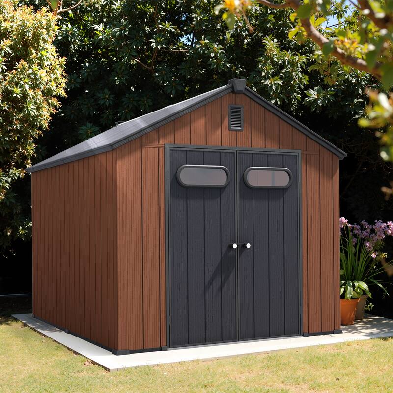 8X8/8X10/8X12 FT Resin Outdoor Storage Shed with Window Vent Floor for Patio Furniture and Tools