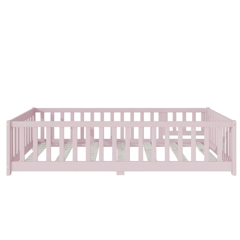 Twin Size Floor Bed with Fence and Door,Rubber Wood Floor Bed with Safety Guardrails