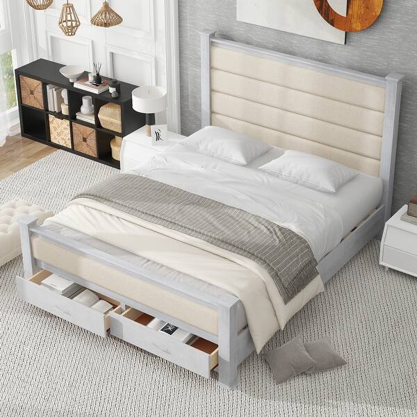 slide 2 of 24, Queen Wood Platform Kids Bed Frame with Upholstered Headboard, Footboard & 2 Storage Drawers, White, Easy to Assemble Antique White