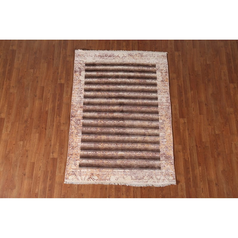 Striped Abstract Oriental Accent Rug Handmade Wool Carpet - 4'1"x 5'10"