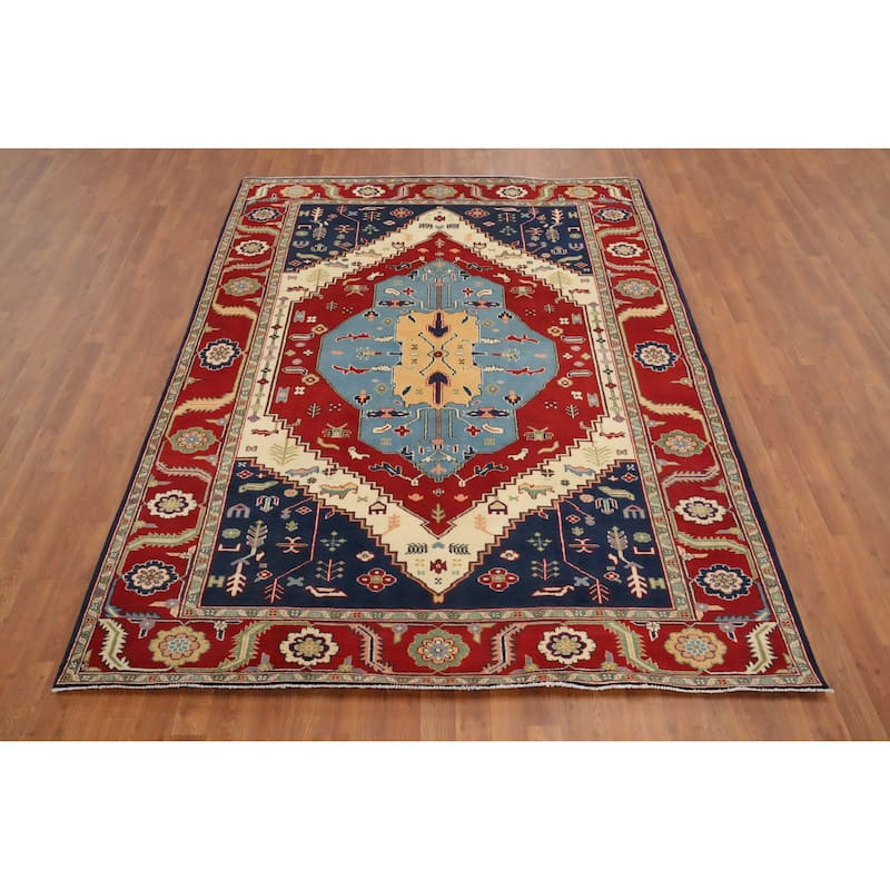 Hand Knotted Oriental 100% Wool Carpet Traditional Medallion Navy Blue & Blues Heriz Area Rug - 8' 8'' X 6' 3''