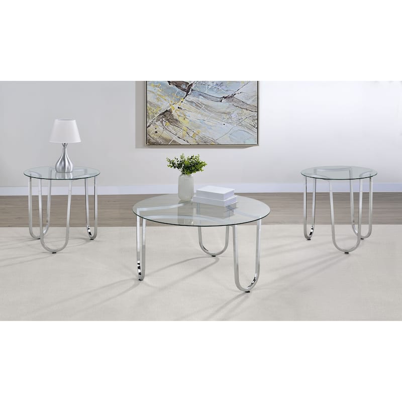 Beller Round Tempered Glass Top Coffee Table Set Chrome - 3-piece set