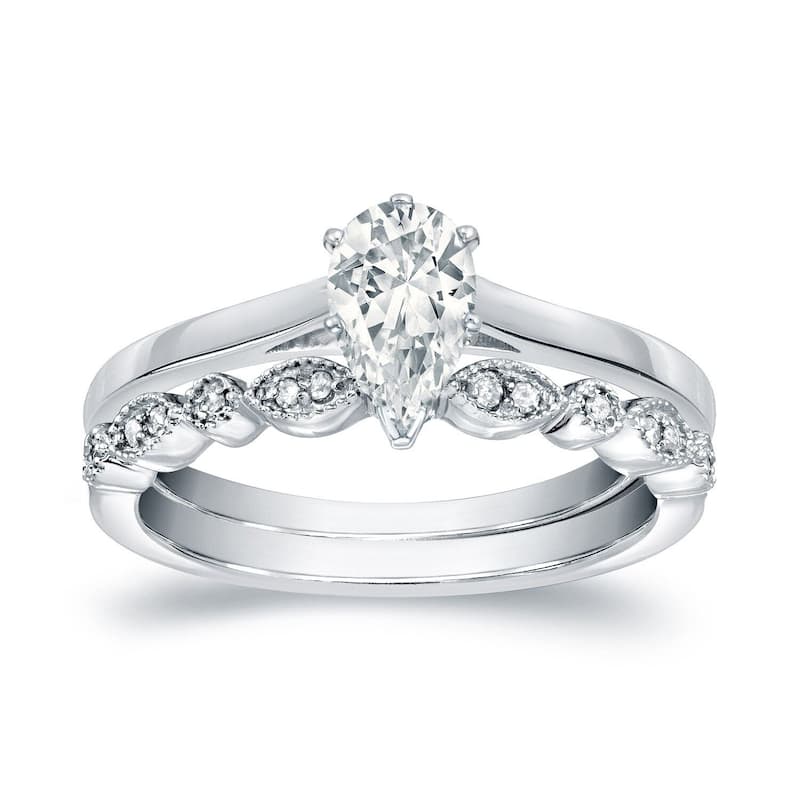 Auriya 14k Gold 1/2ctw Vintage Pear Shape Solitaire Diamond Engagement Ring Set - White - 10