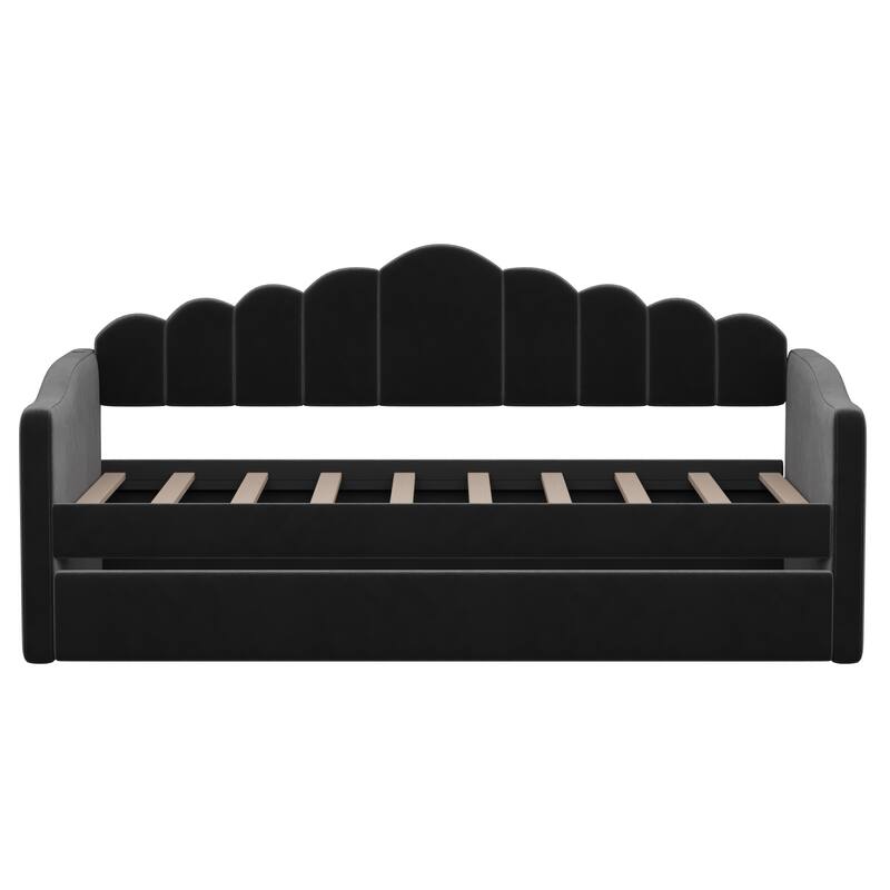 Twin size Velvet Daybed Wingback Daybed for Apartment with Retractable Trundle & USB Charging Ports, Wood Slat Support